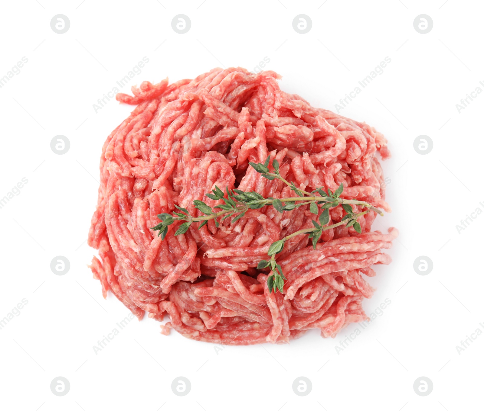 Photo of Pile of fresh raw ground meat and thyme isolated on white, top view
