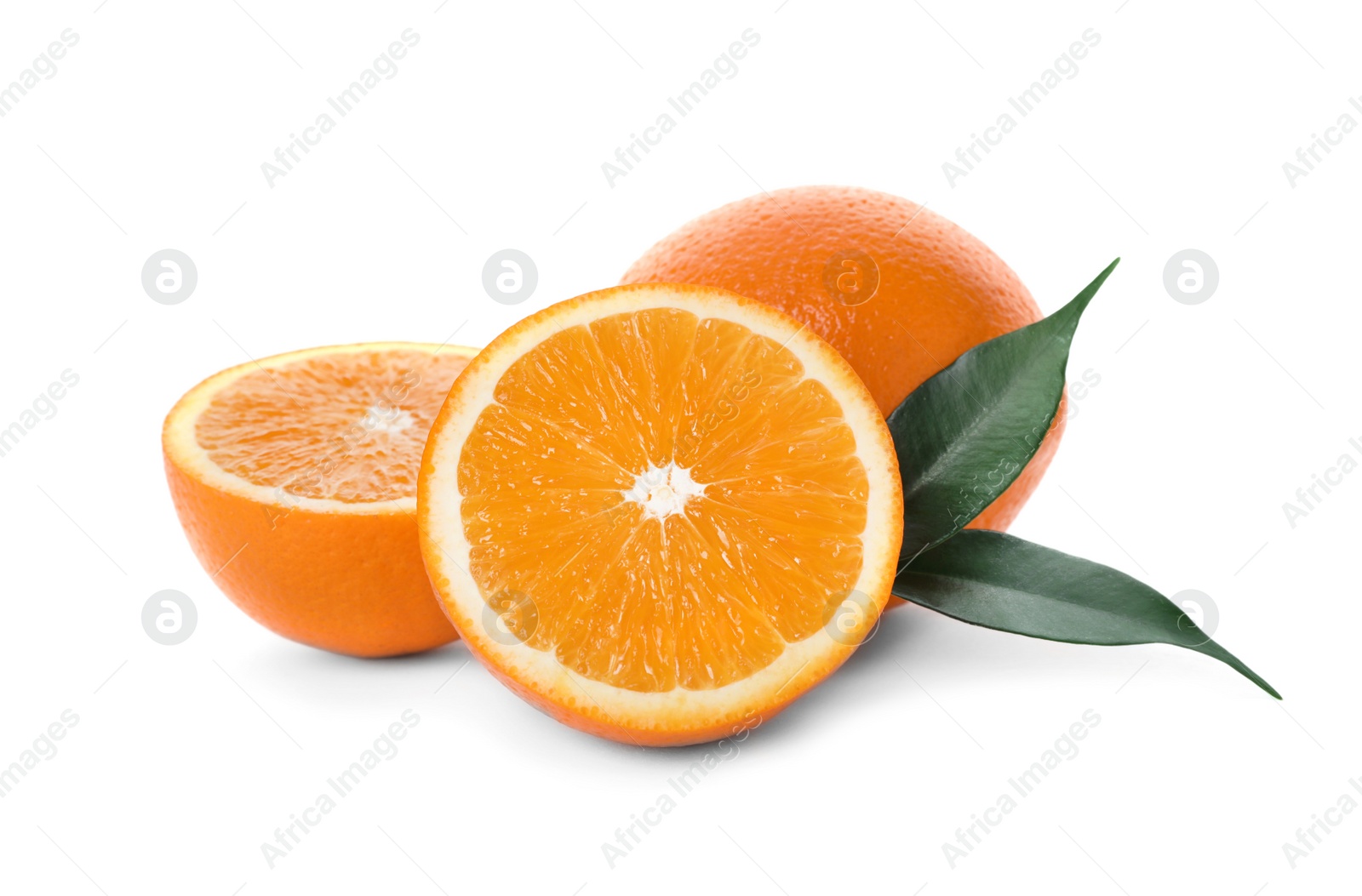 Photo of Fresh oranges with leaves isolated on white