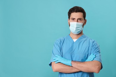 Photo of Nurse with medical mask on light blue background, space for text