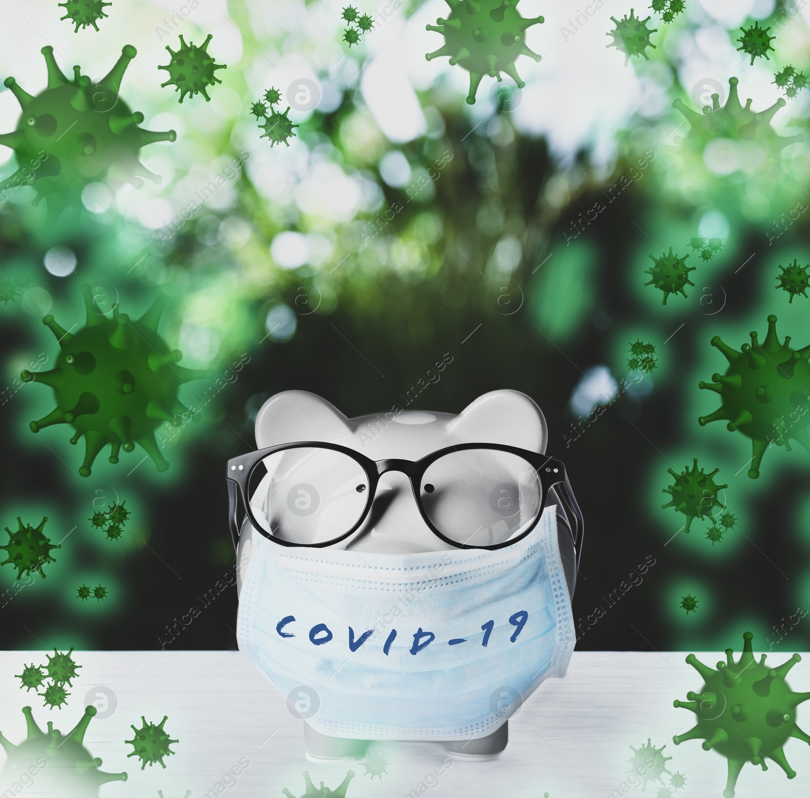 Image of Piggy bank with medical mask. Money saving during coronavirus outbreak