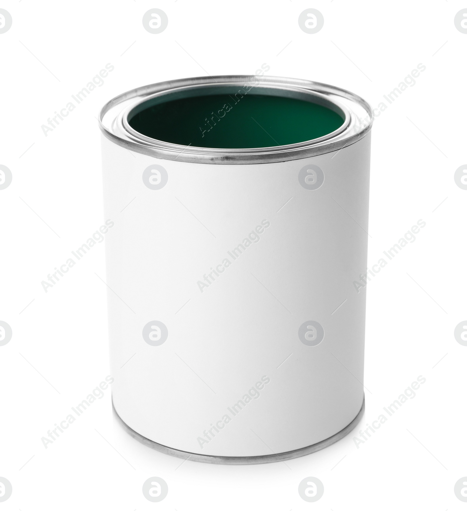 Photo of Open paint can on white background. Mockup for design