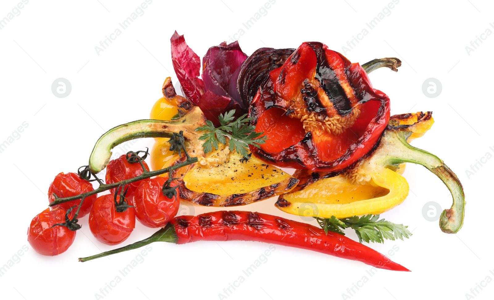 Photo of Different delicious grilled vegetables isolated on white