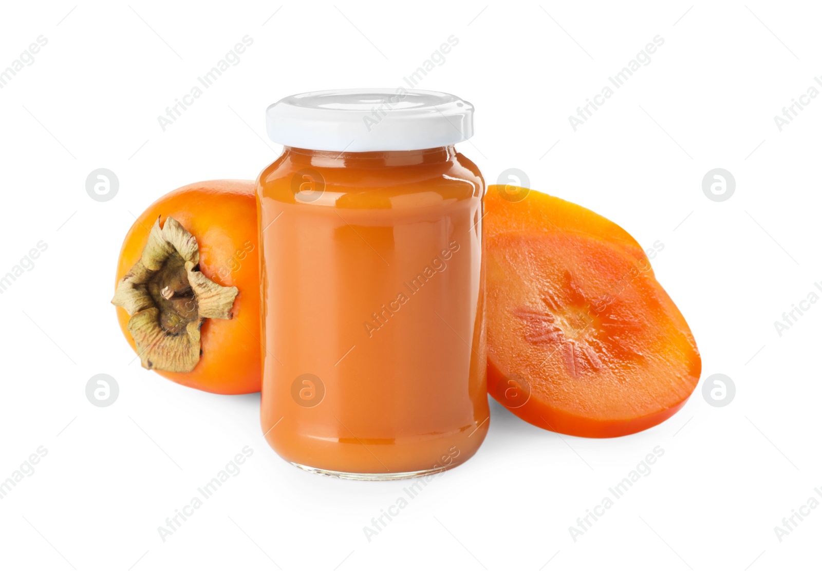 Photo of Delicious persimmon jam and fresh fruits isolated on white