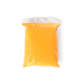 Photo of Package of orange play dough isolated on white, top view