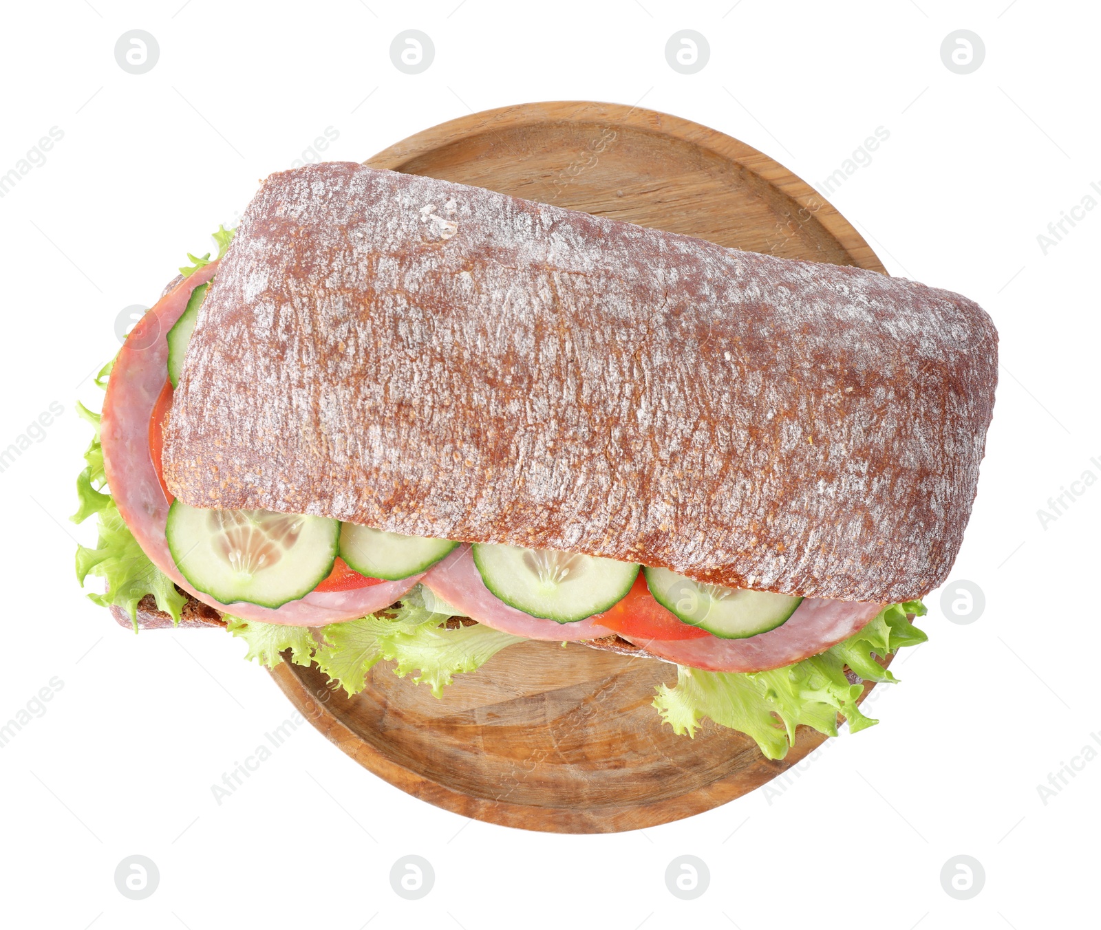 Photo of Tasty sandwich with ham isolated on white, top view