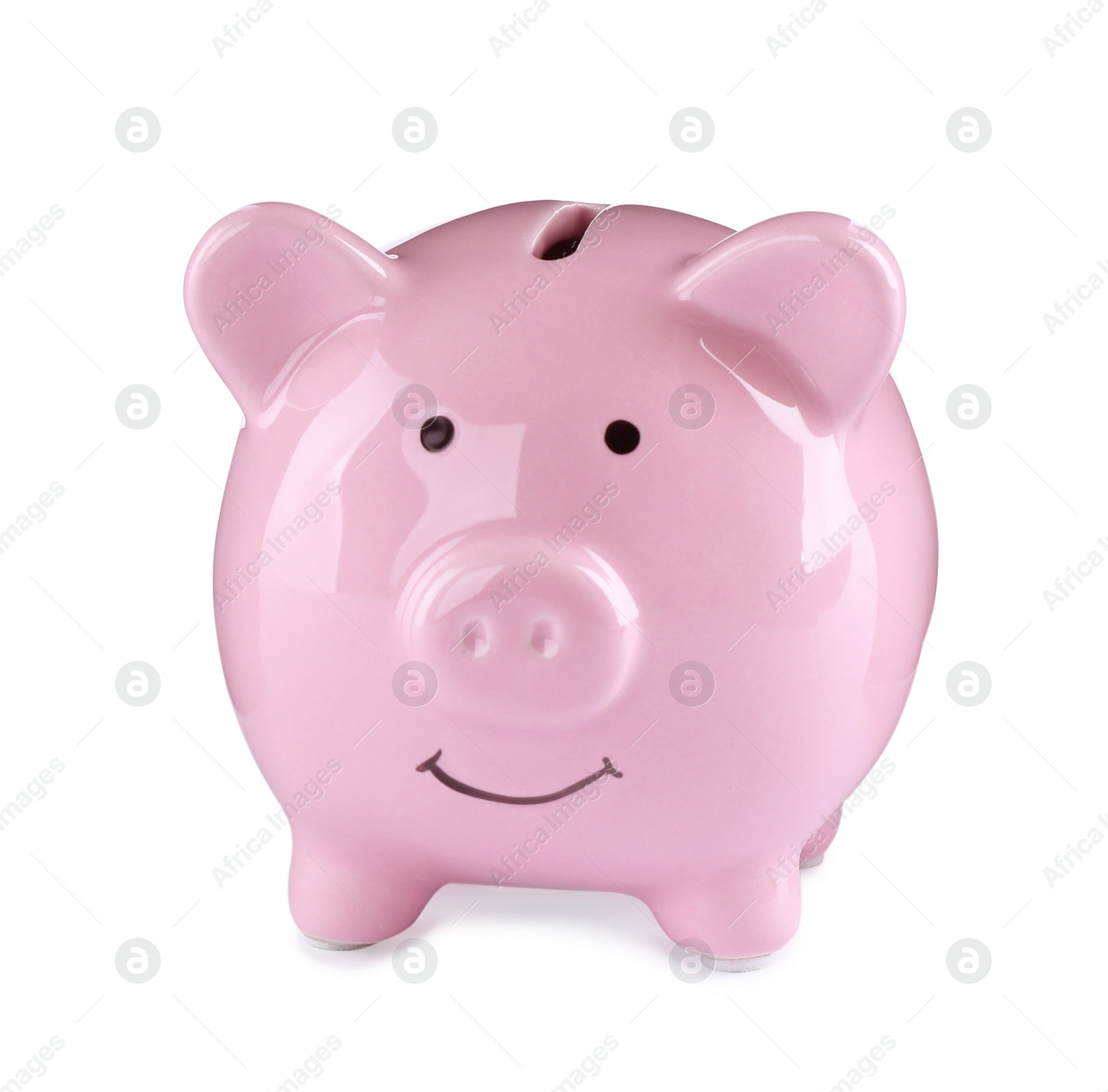 Photo of Cute pink piggy bank on white background