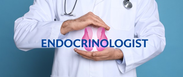 Endocrinologist holding thyroid illustration on light blue background, closeup. Banner design