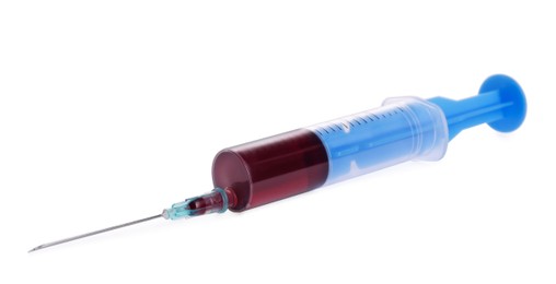 Photo of Plastic syringe with blood isolated on white