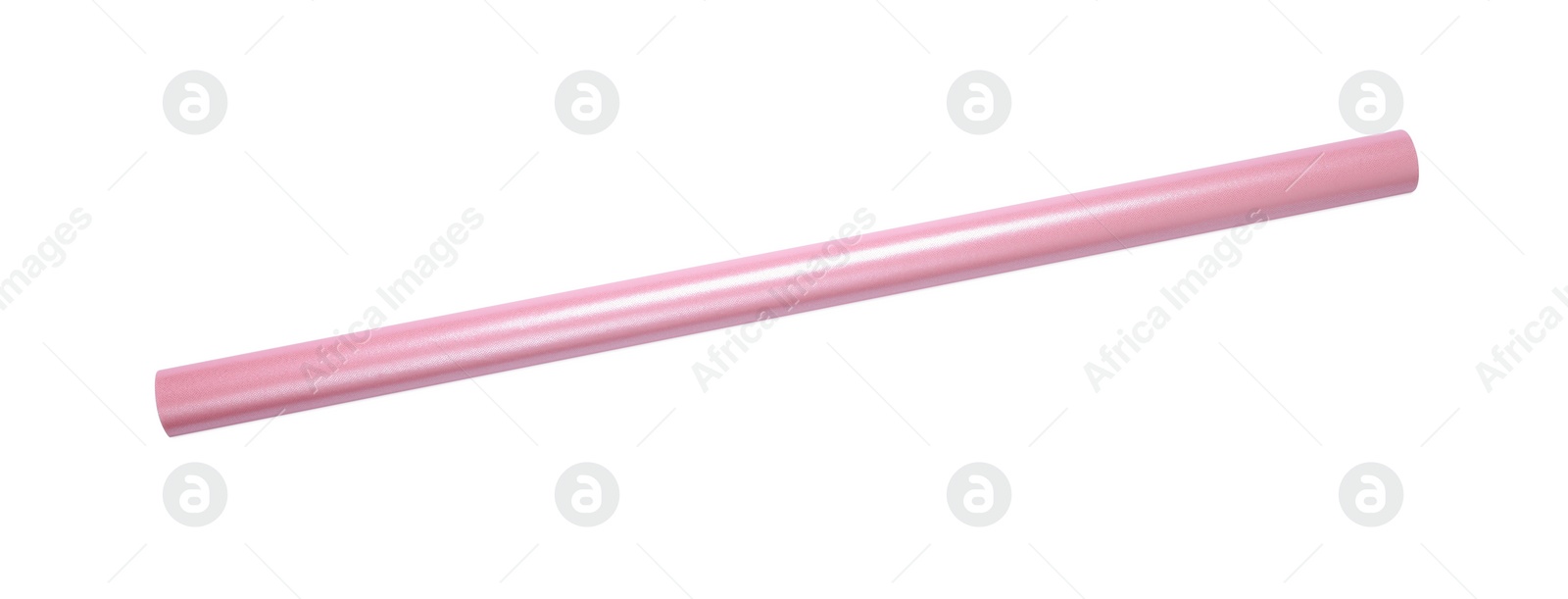 Photo of Roll of pink wrapping paper isolated on white, top view