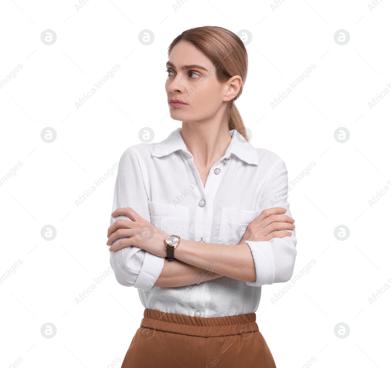 Photo of Beautiful businesswoman crossing arms on white background