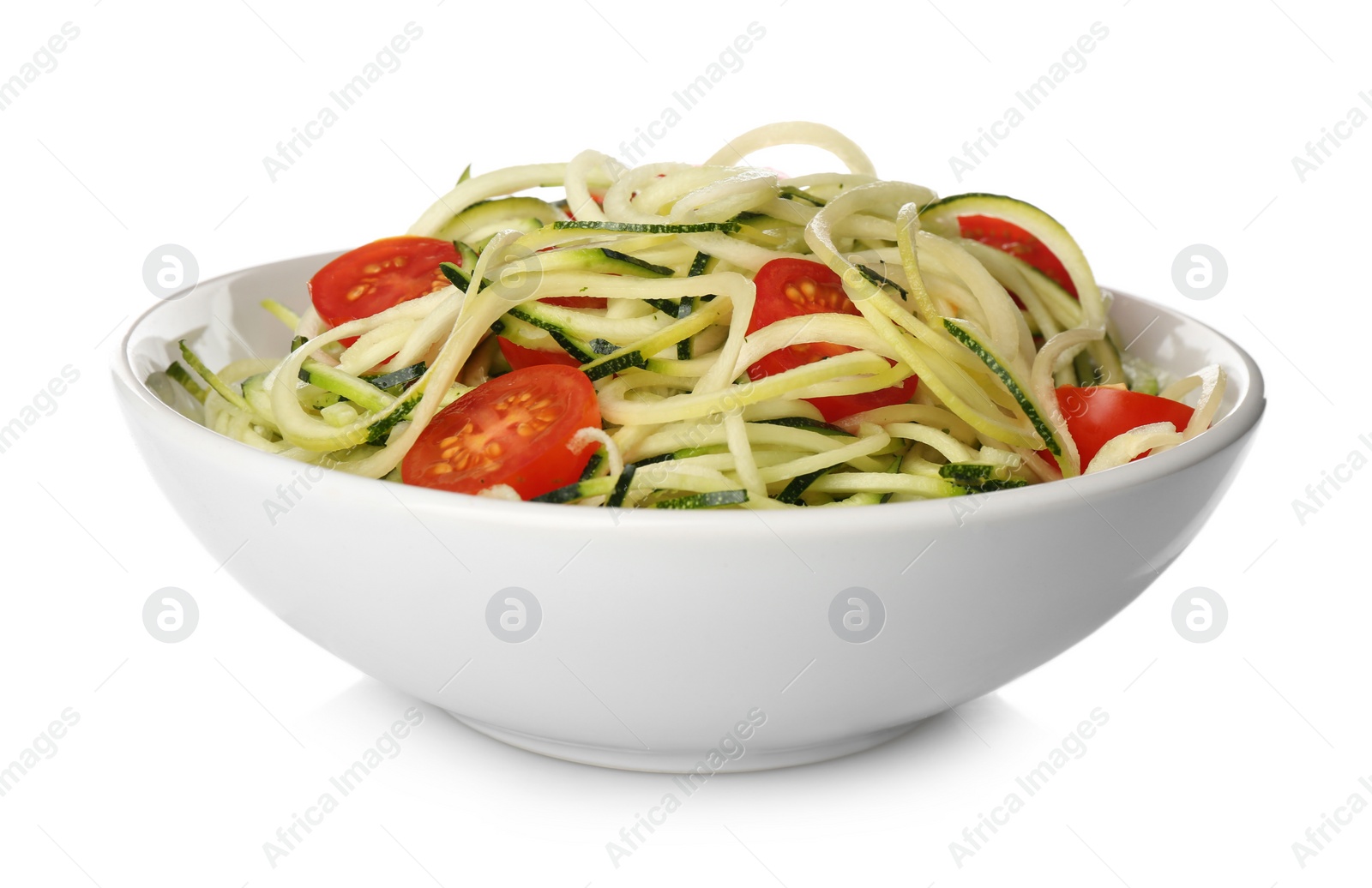 Photo of Delicious fresh zucchini pasta with cherry tomatoes on white background