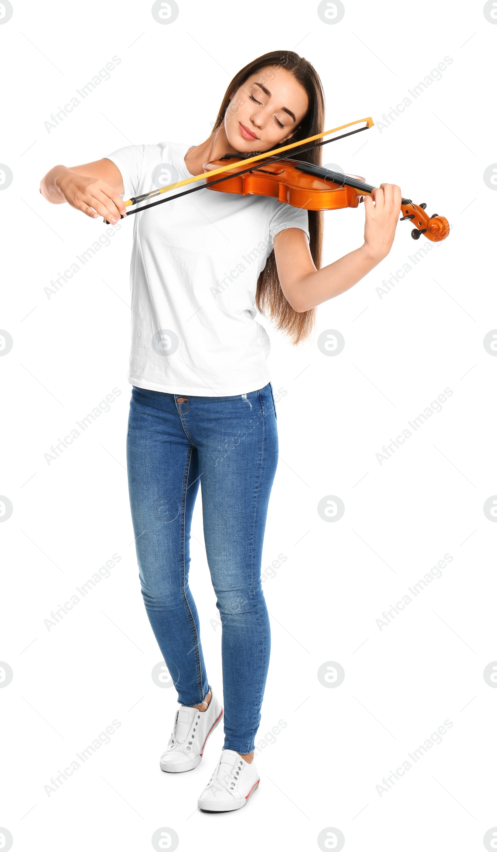 Photo of Beautiful woman playing violin on white background