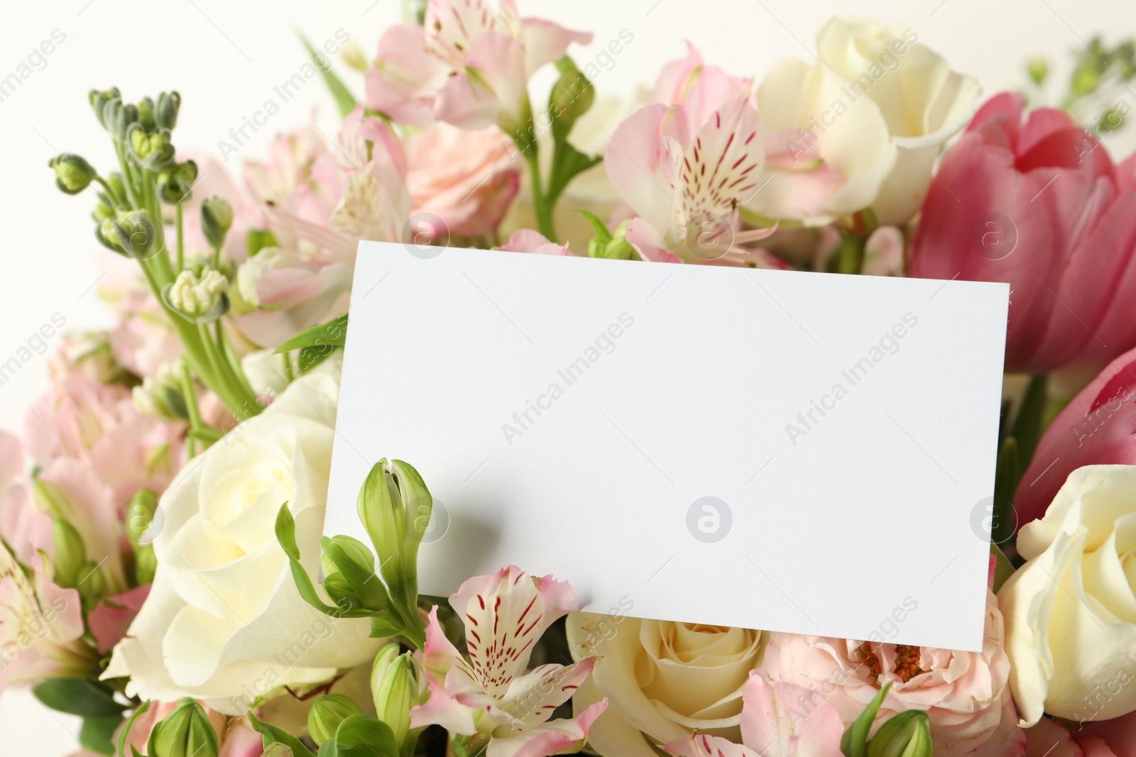 Photo of Happy Mother's Day. Beautiful flowers with blank card on light background, closeup