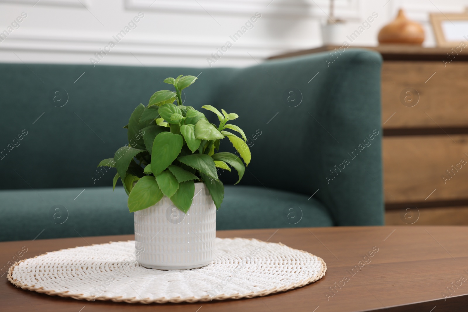 Photo of Green artificial plant in pot on wooden table indoors, space for text