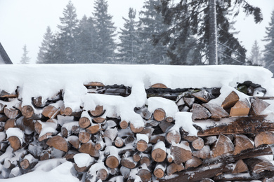 Photo of Stack of firewood covered with snow outdoors