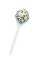 Photo of Sweet cake pop decorated with sprinkles isolated on white, top view. Delicious confectionery