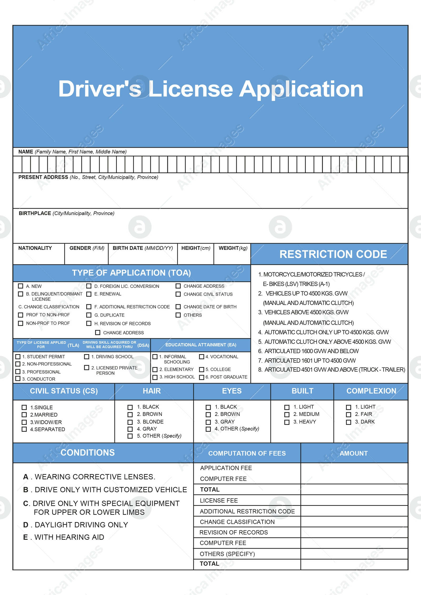 Illustration of Driver's license application form with empty fields