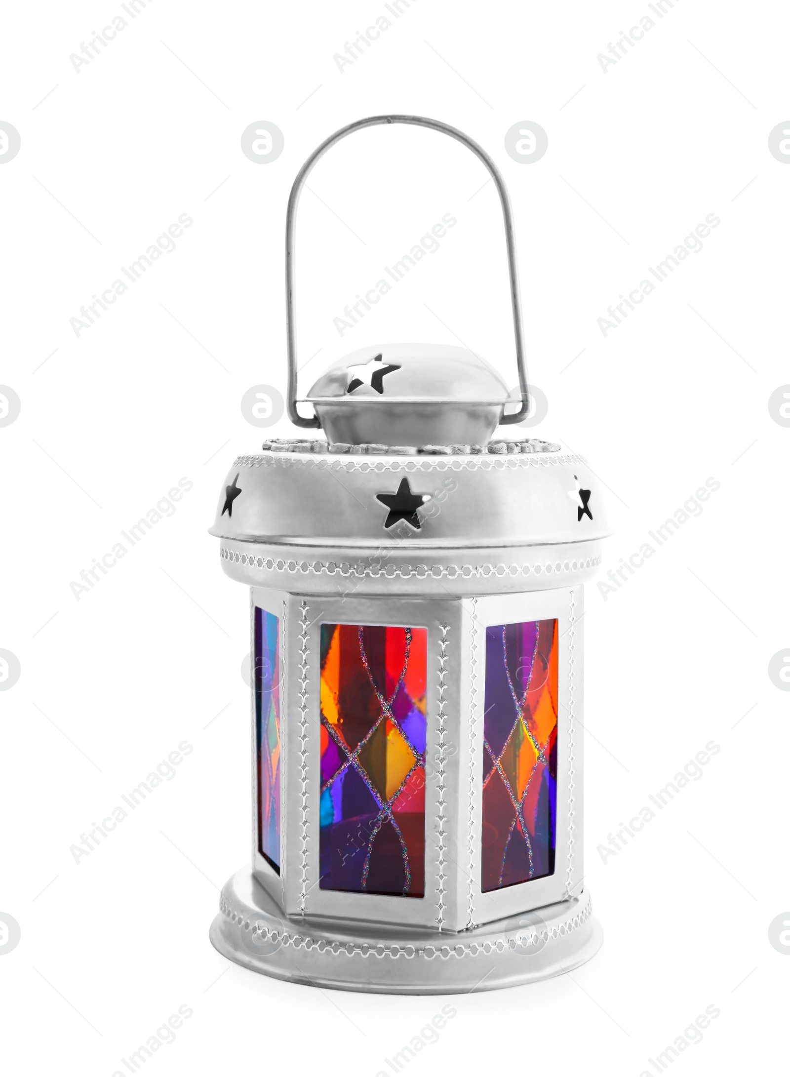 Photo of Beautiful decorative lantern with color glasses isolated on white