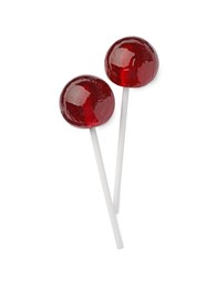 Two sweet red lollipops isolated on white, top view