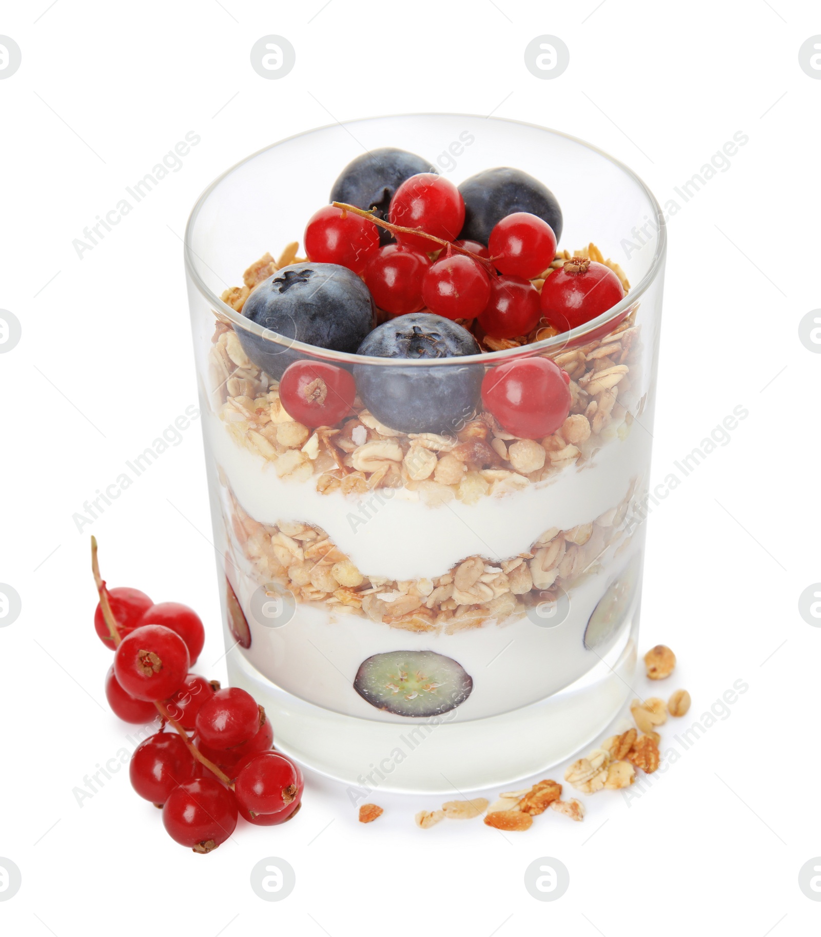 Photo of Delicious yogurt parfait with fresh berries on white background
