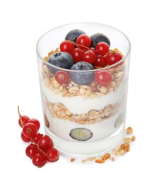 Delicious yogurt parfait with fresh berries on white background