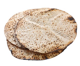 Tasty matzos on white background, above view. Passover (Pesach) celebration