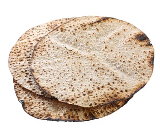 Photo of Tasty matzos on white background, above view. Passover (Pesach) celebration