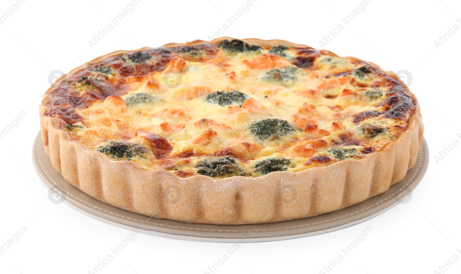 Photo of Delicious homemade quiche with salmon and broccoli isolated on white