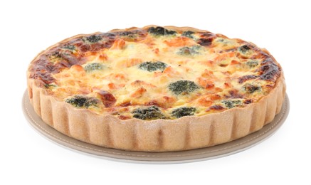 Photo of Delicious homemade quiche with salmon and broccoli isolated on white