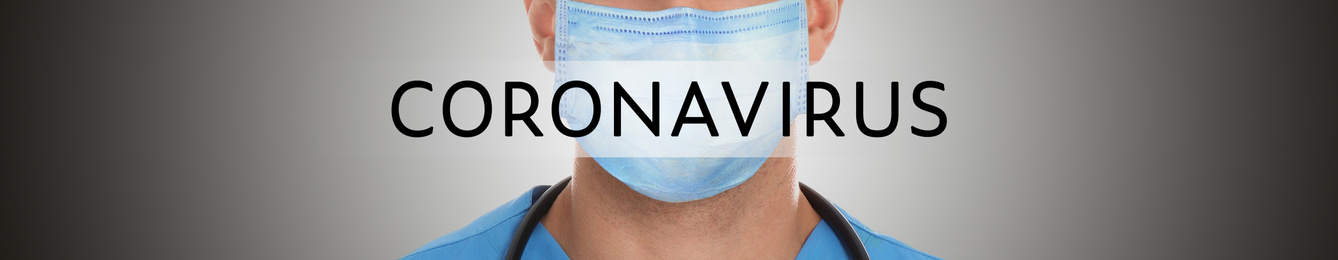 Image of Medical worker wearing face mask on grey background, closeup. Coronavirus safety