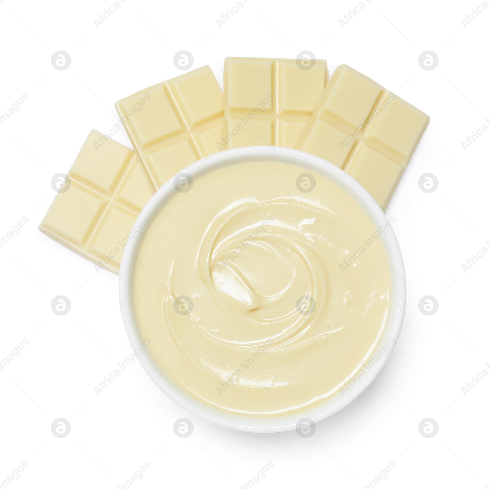 Photo of Tasty chocolate paste in bowl and pieces isolated on white, top view