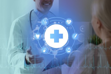 Image of Medical technology concept. Doctor with patient in clinic and illustration of different icons, double exposure