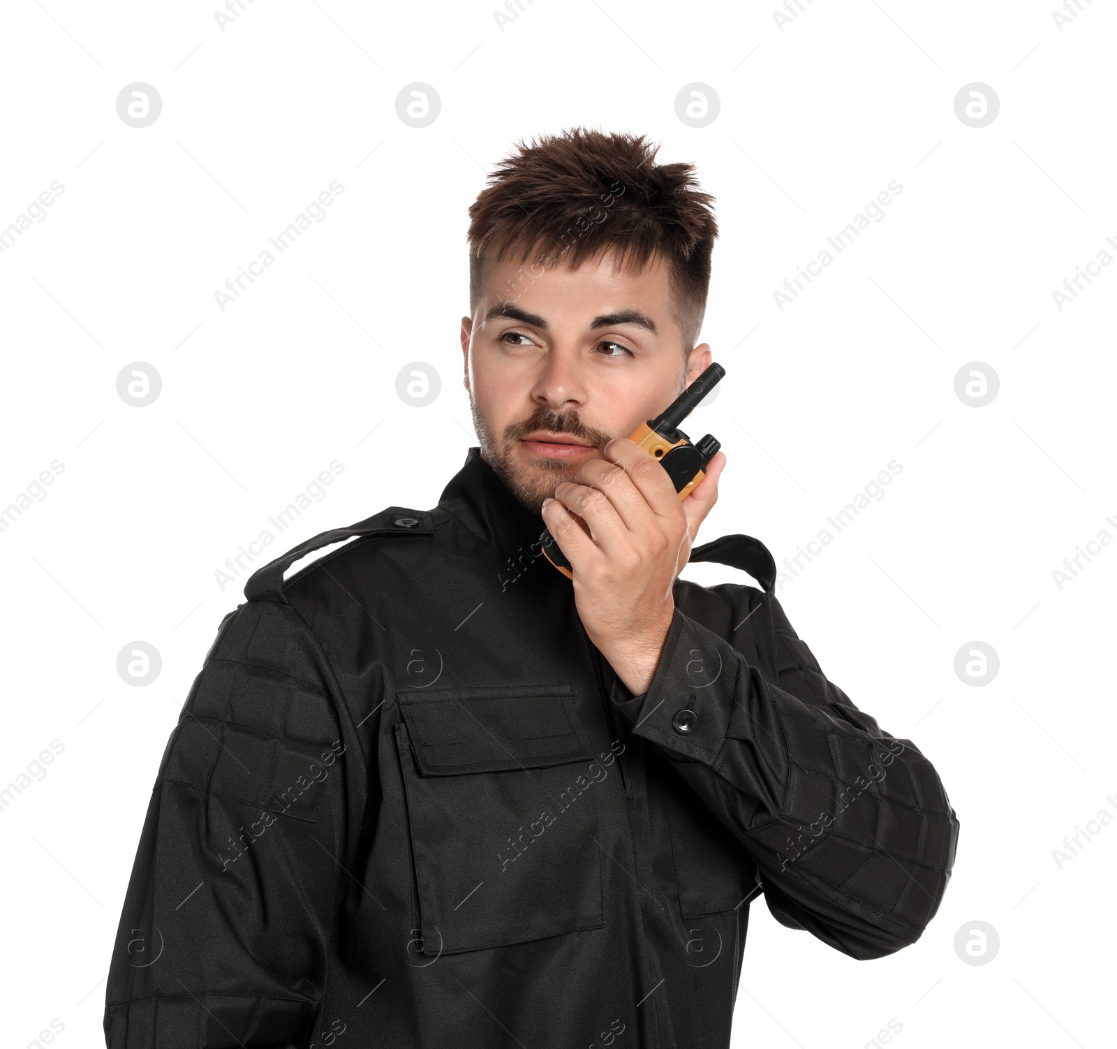Photo of Male security guard in uniform using portable radio transmitter on white background