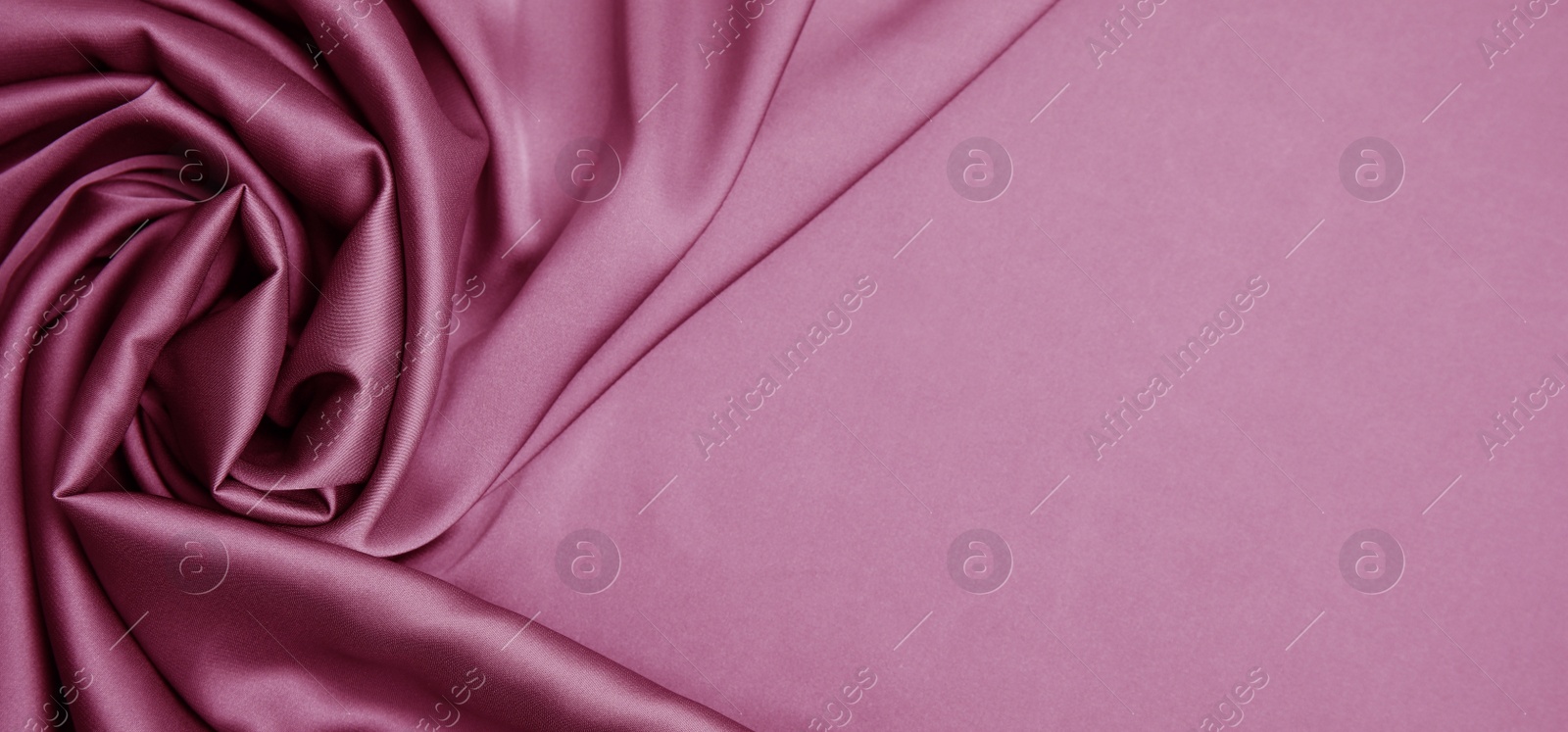 Image of Pink silk fabric as background, top view with space for text. Banner design