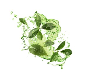 Image of Splashes of refreshing drink with leaves on white background. Green or matcha tea