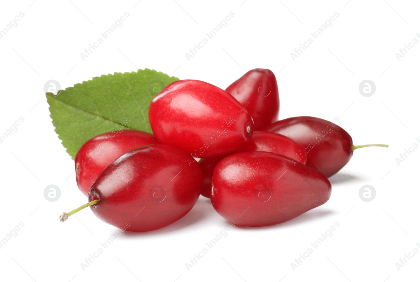 Photo of Pile of fresh ripe dogwood berries with green leaf on white background
