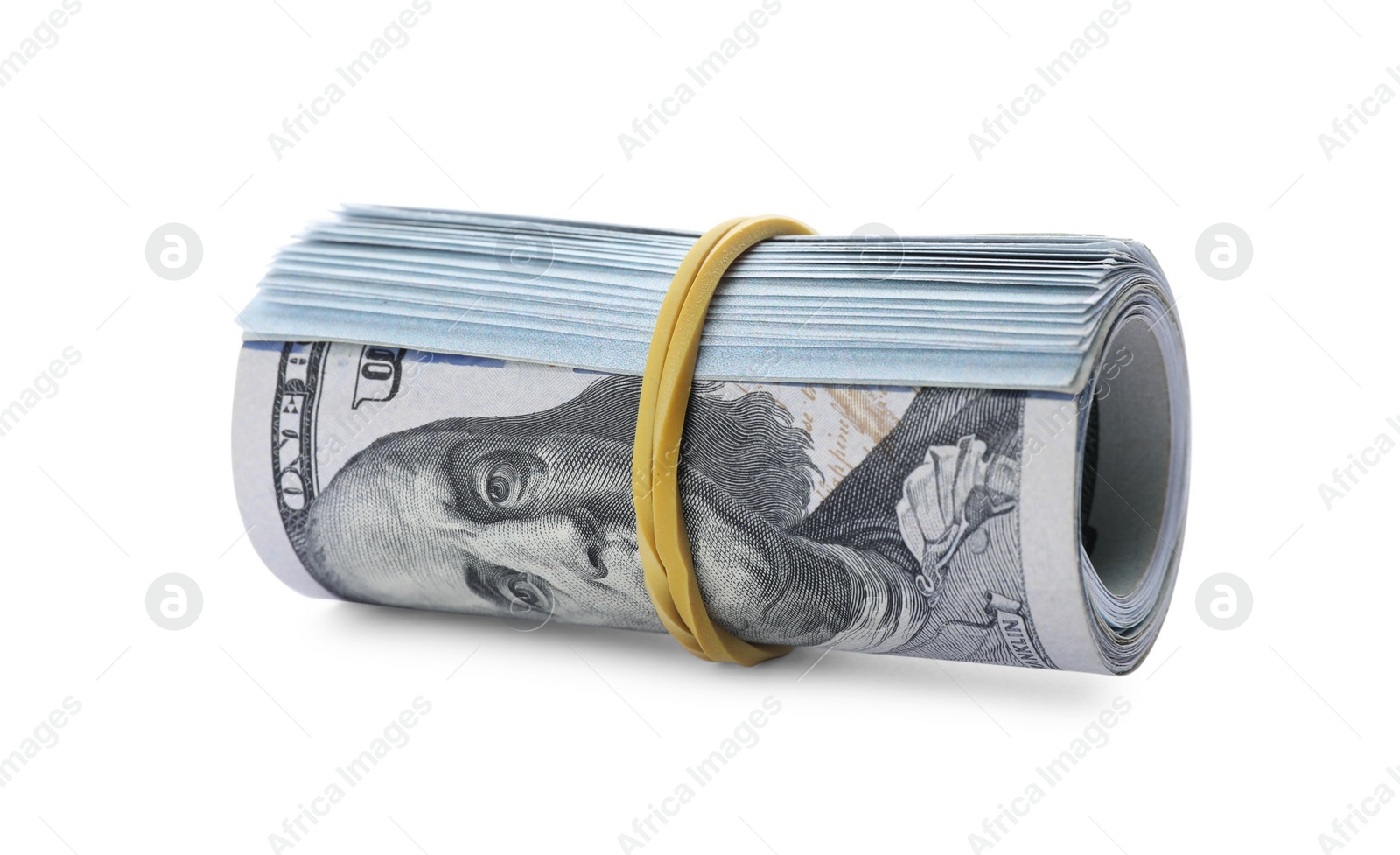 Photo of Rolled dollar banknotes on white background. American national currency