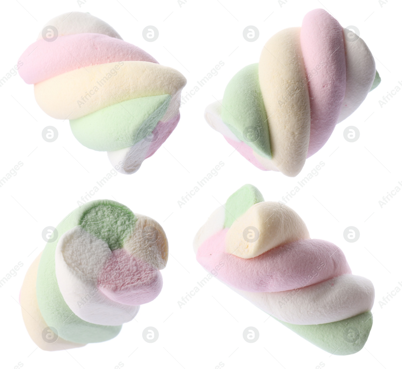 Image of Set with tasty colorful marshmallows on white background