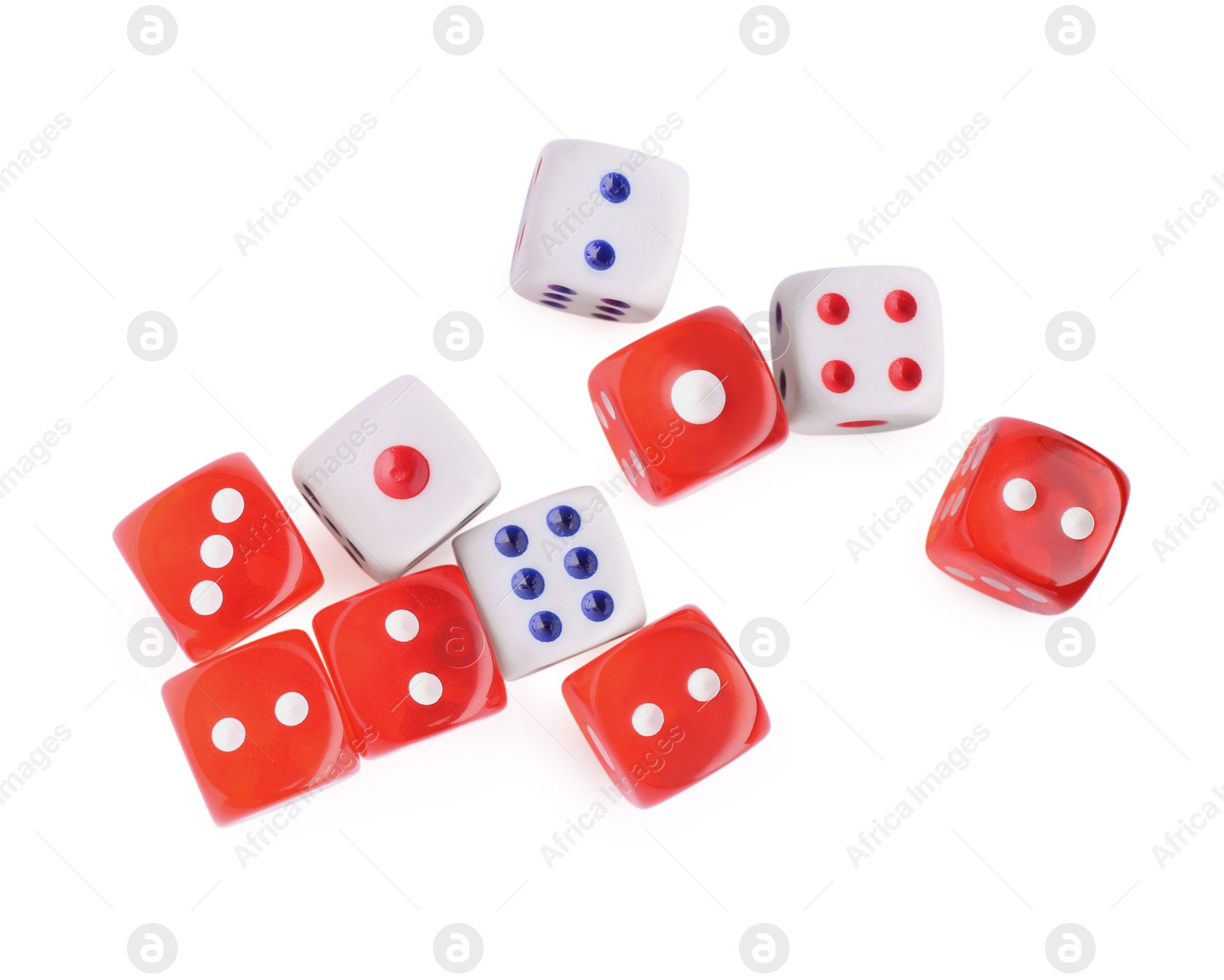 Photo of Many color game dices isolated on white, top view