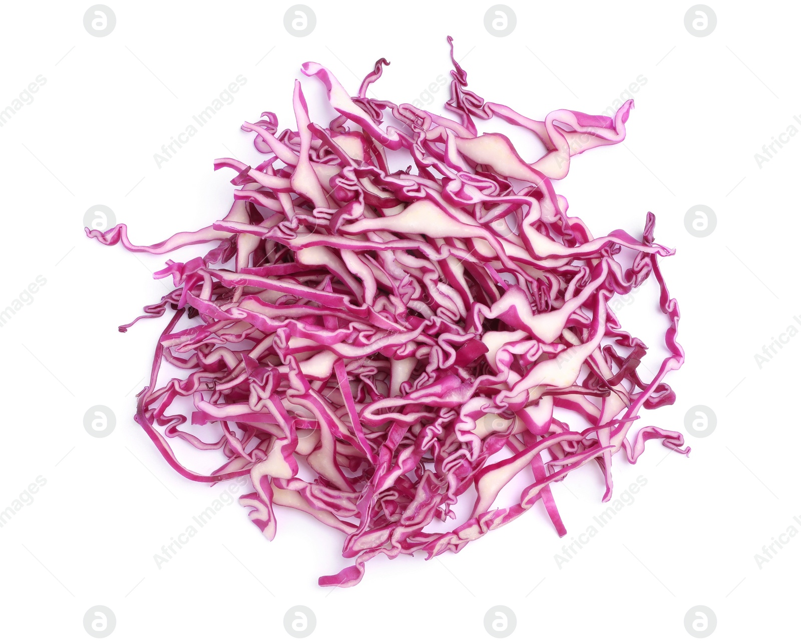 Photo of Shredded fresh red cabbage isolated on white, top view