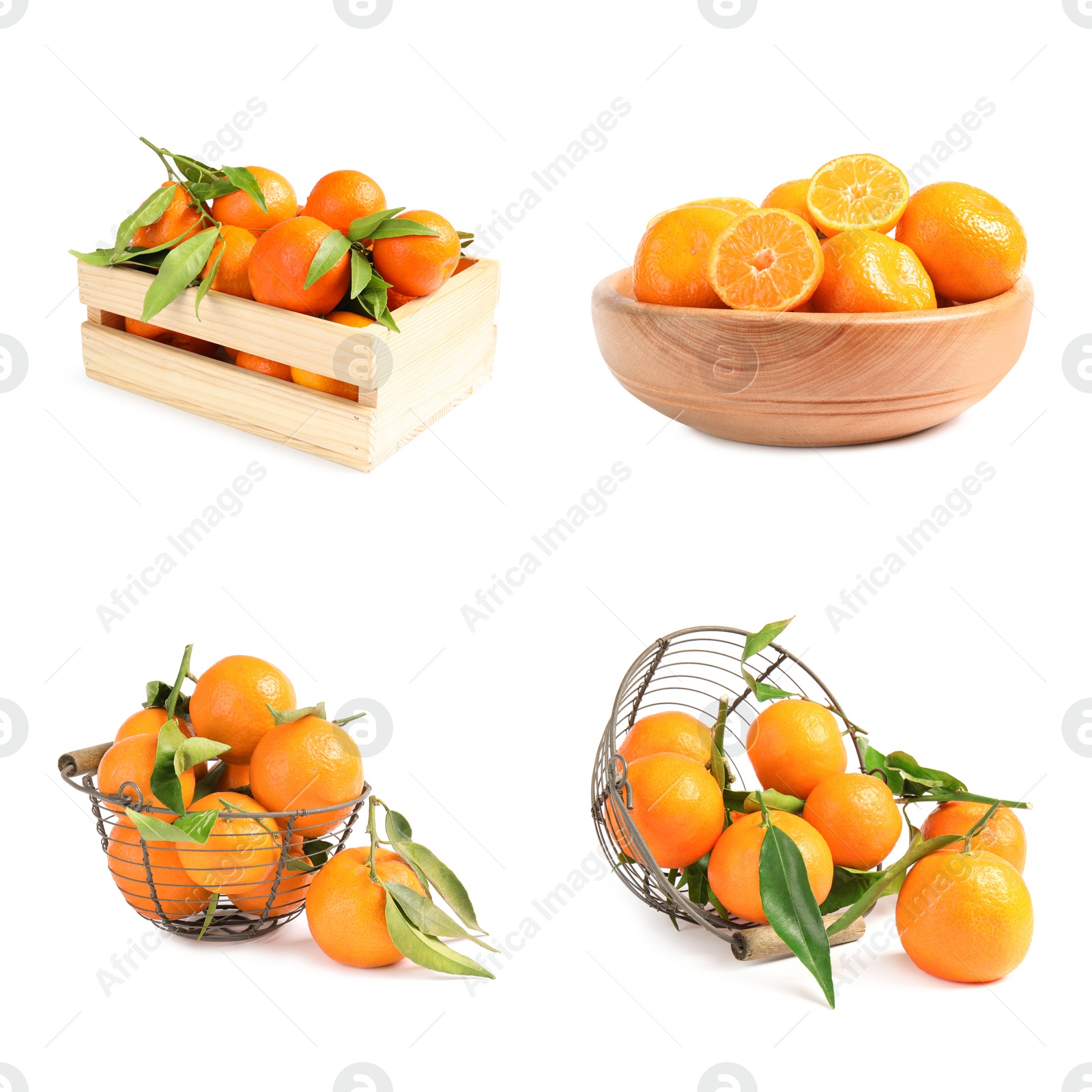 Image of Set of fresh ripe tangerines on white background