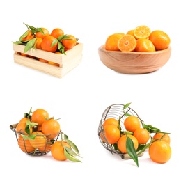 Image of Set of fresh ripe tangerines on white background