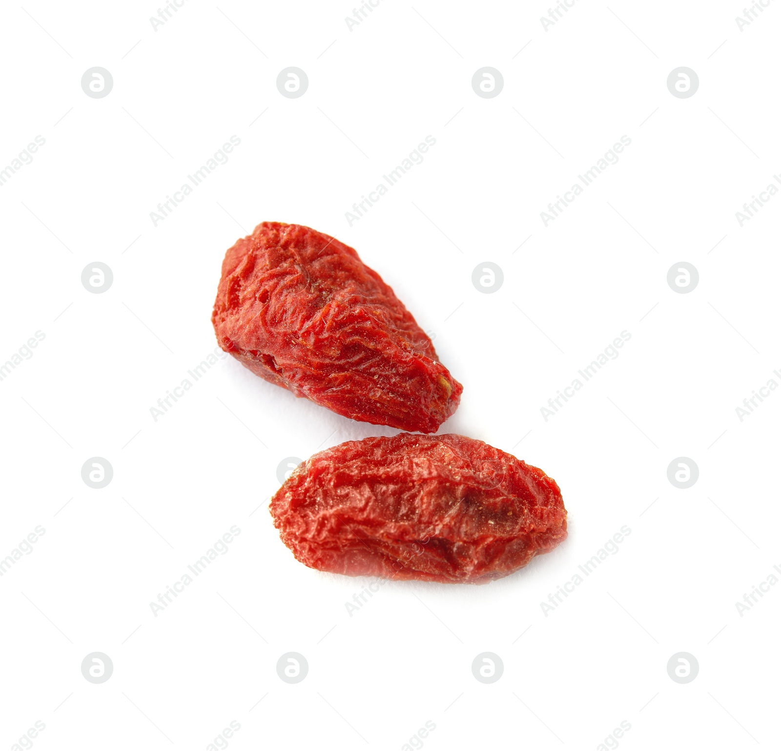 Photo of Tasty dried goji berries isolated on white, top view