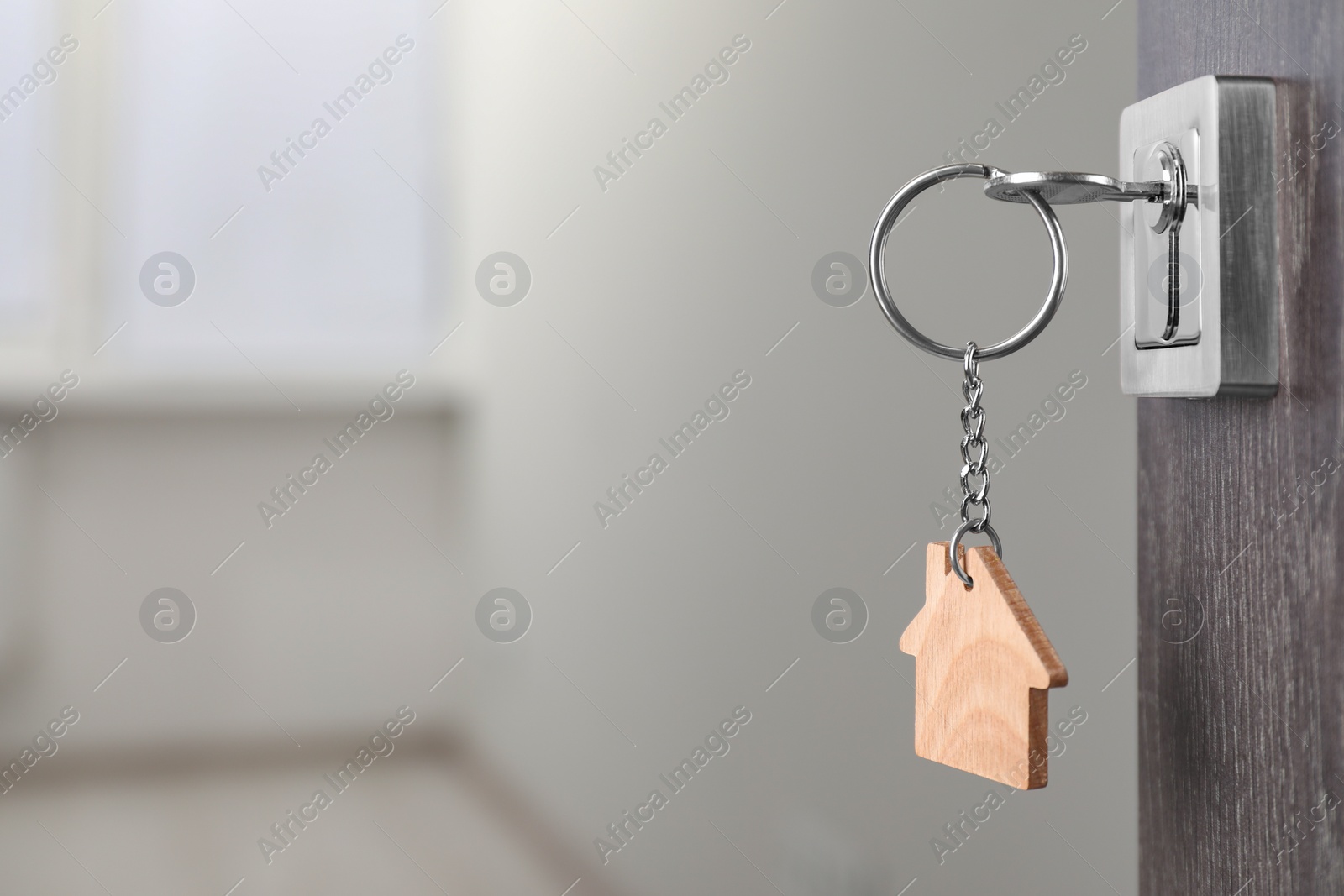 Photo of Mortgage and real estate. Open door with key and house shaped keychain against blurred background, space for text