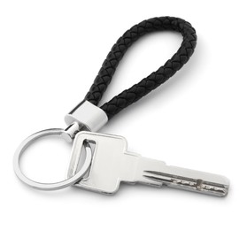 Photo of Key with black leather keychain isolated on white