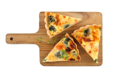 Photo of Pieces of delicious homemade quiche with salmon and broccoli isolated on white, top view