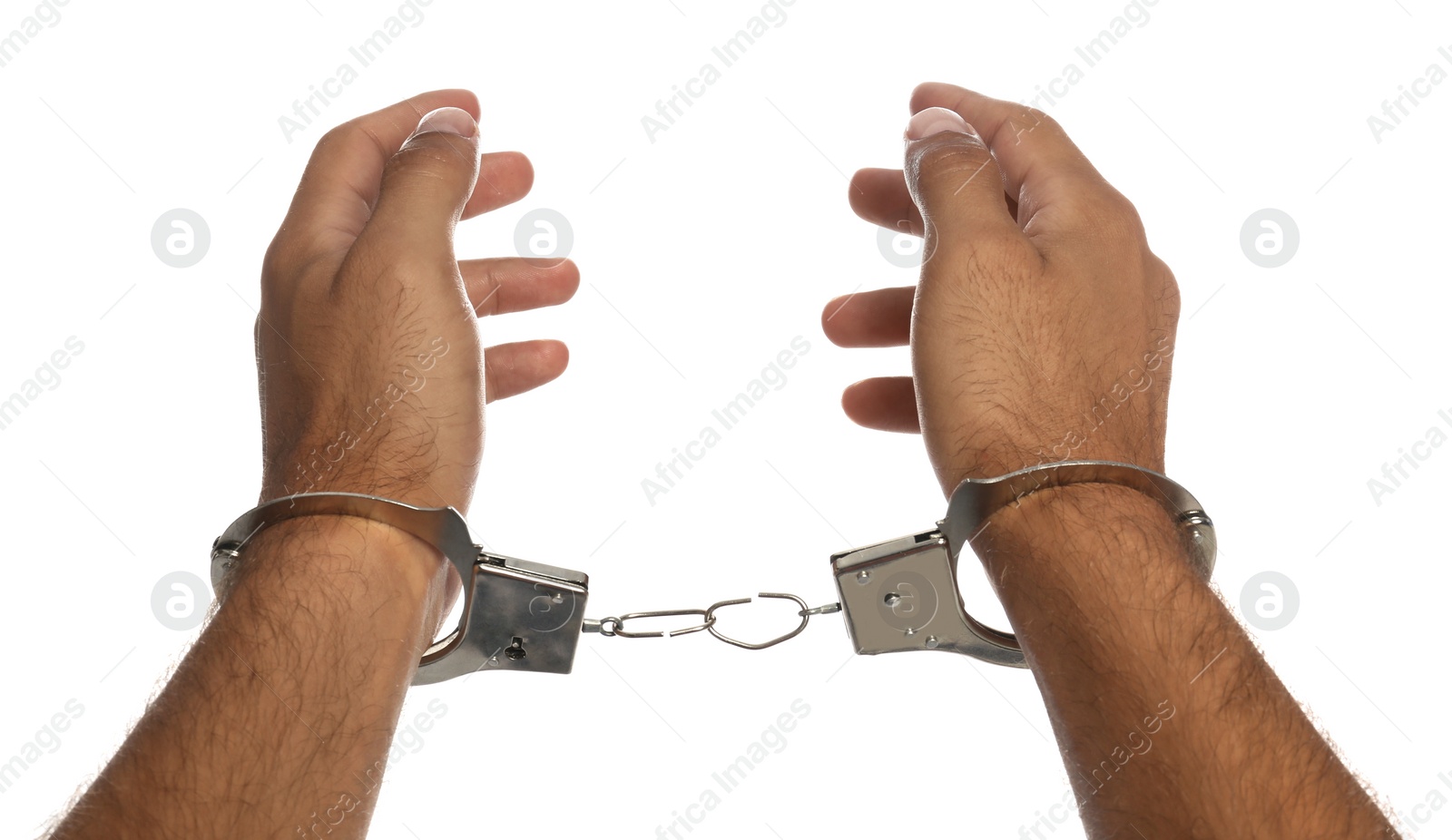 Photo of Man in handcuffs on white background, closeup