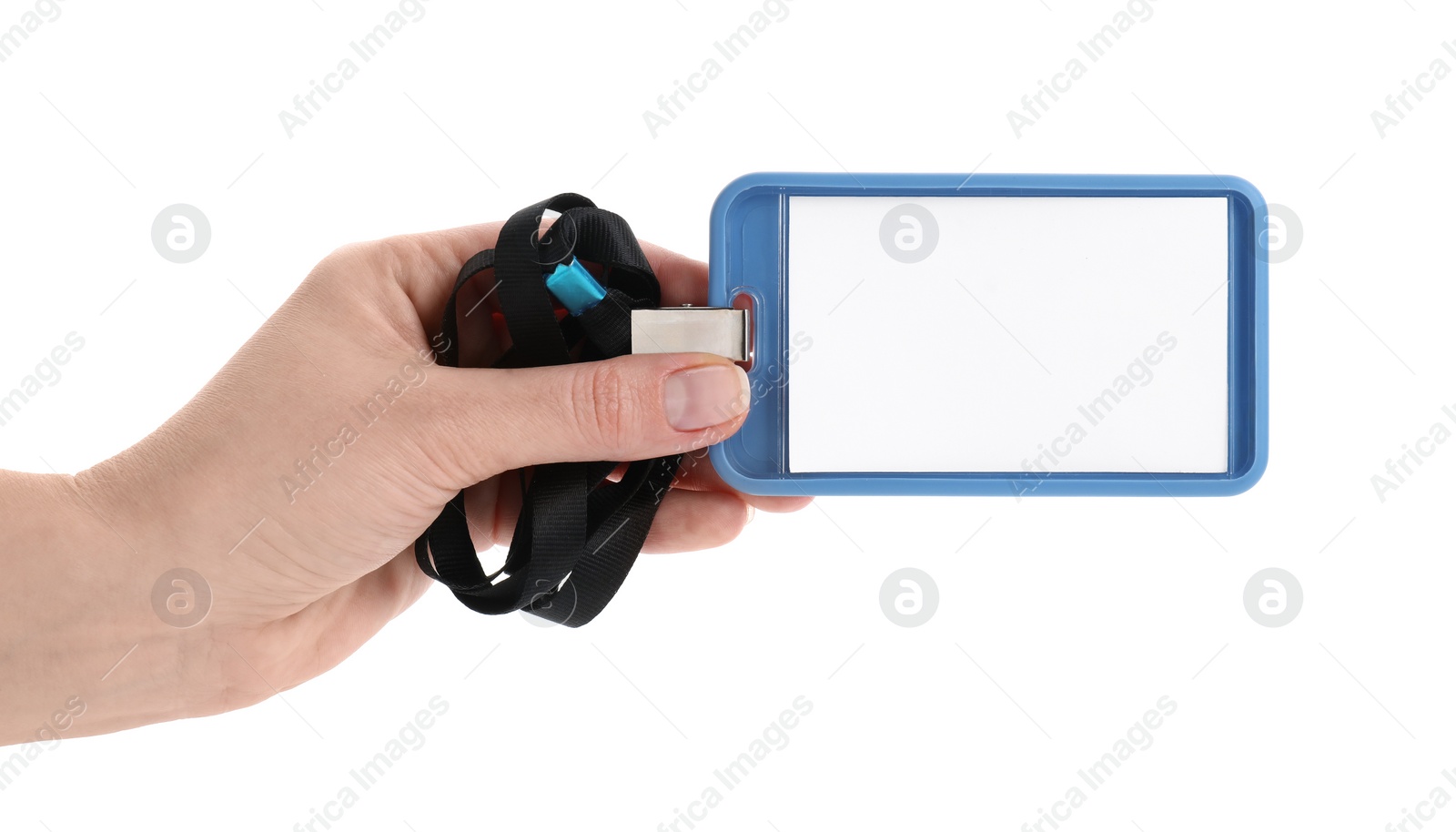 Photo of Woman holding blank badge with string on white background