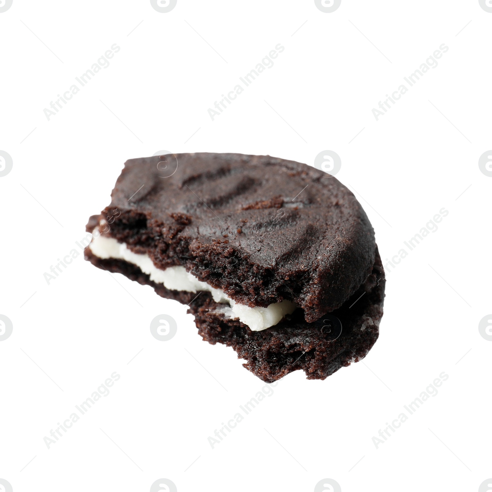 Photo of Piece of tasty sandwich cookie isolated on white