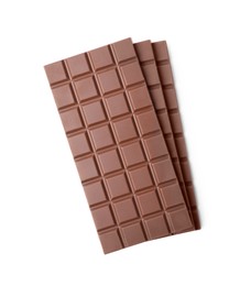 Delicious milk chocolate bars isolated on white, top view